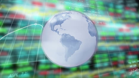 animation of stock market display with numbers and graphs with spinning globe