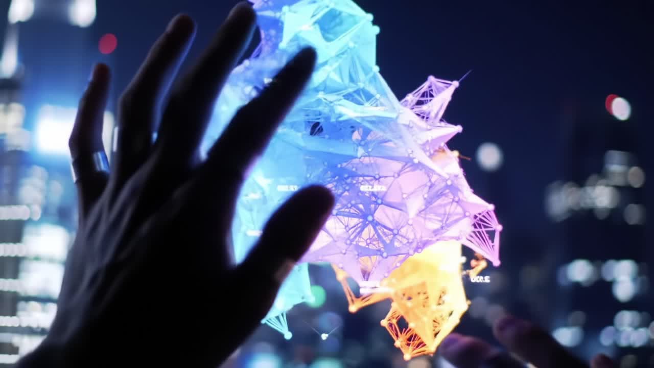 Futuristic Visualization of Abstract Data Interaction in a Night Cityscape, Showcasing Colorful Geometric Shapes Manipulated by Hands