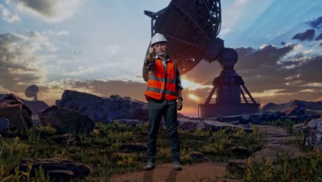 full body of asian male engineer with safety helmet smiling and touching his chest then pointing at you while standing with large satellite dish