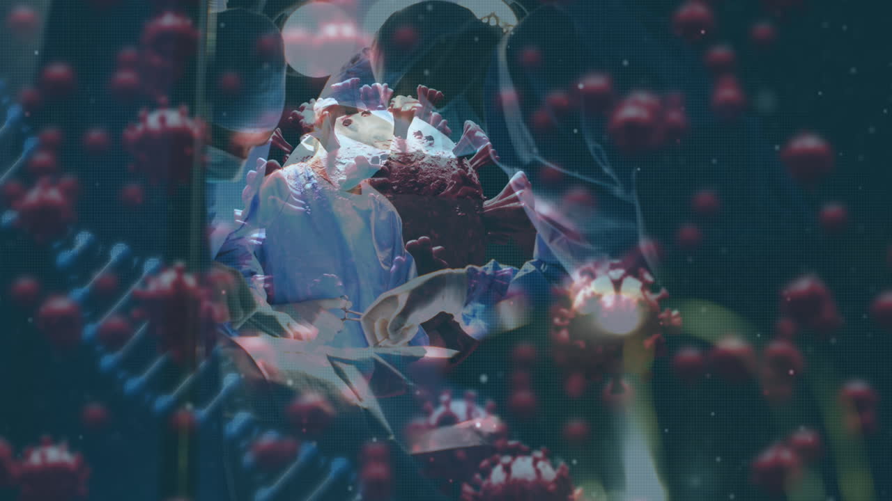 animación de la célula de covid 19 sobre los cirujanos con máscaras faciales