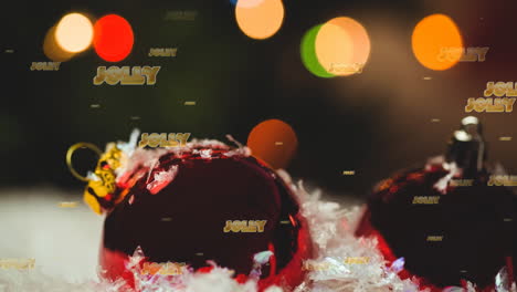 animación de texto alegre en repetición sobre las bolas de navidad
