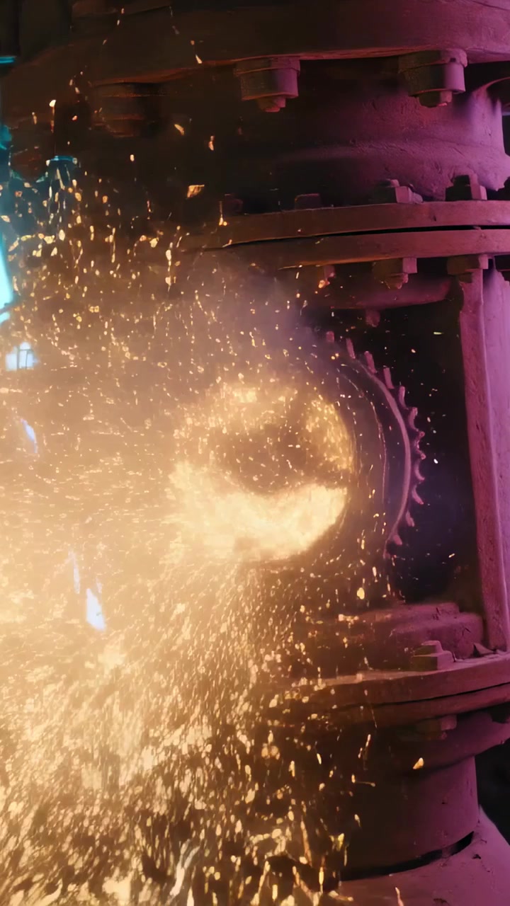 Vertical video: Rotating rotor ejecting hot embers inside gearbox after central flash, with cables