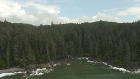 Beautiful-Aerial-Landscape-View-of-the-Rocky-Pacific-Ocean-Coast-in-the-Southern-Vancouver-Island-during-a-sunny-summer-day