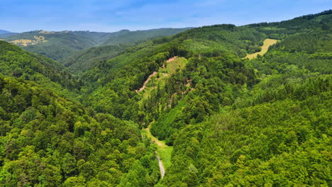 Mountain valley with lush greenery. Lush green hills and valleys create a tranquil landscape under a clear blue sky. The view showcases vibrant nature