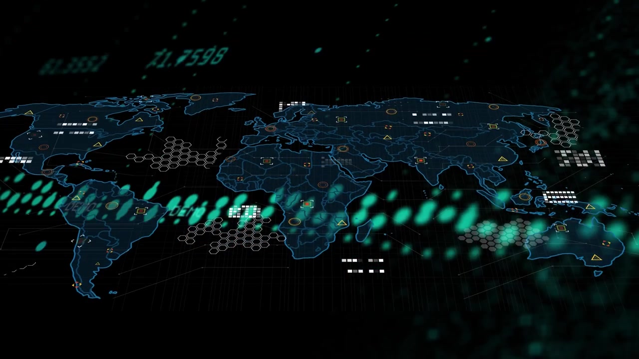 Animation of data processing with world map on black background
