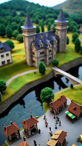 overhead view of a miniature medieval town with bustling market