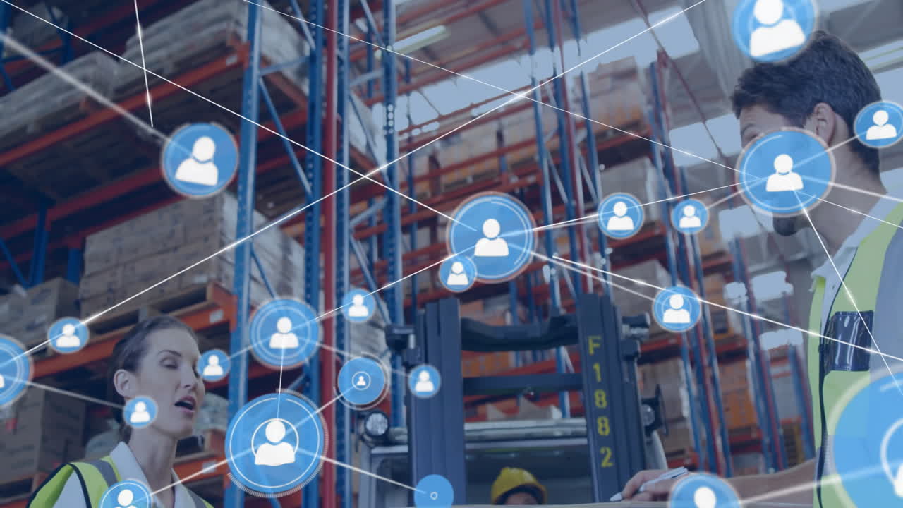 Animazione di una rete di icone utente connesse su lavoratori di magazzino e scaffalature.