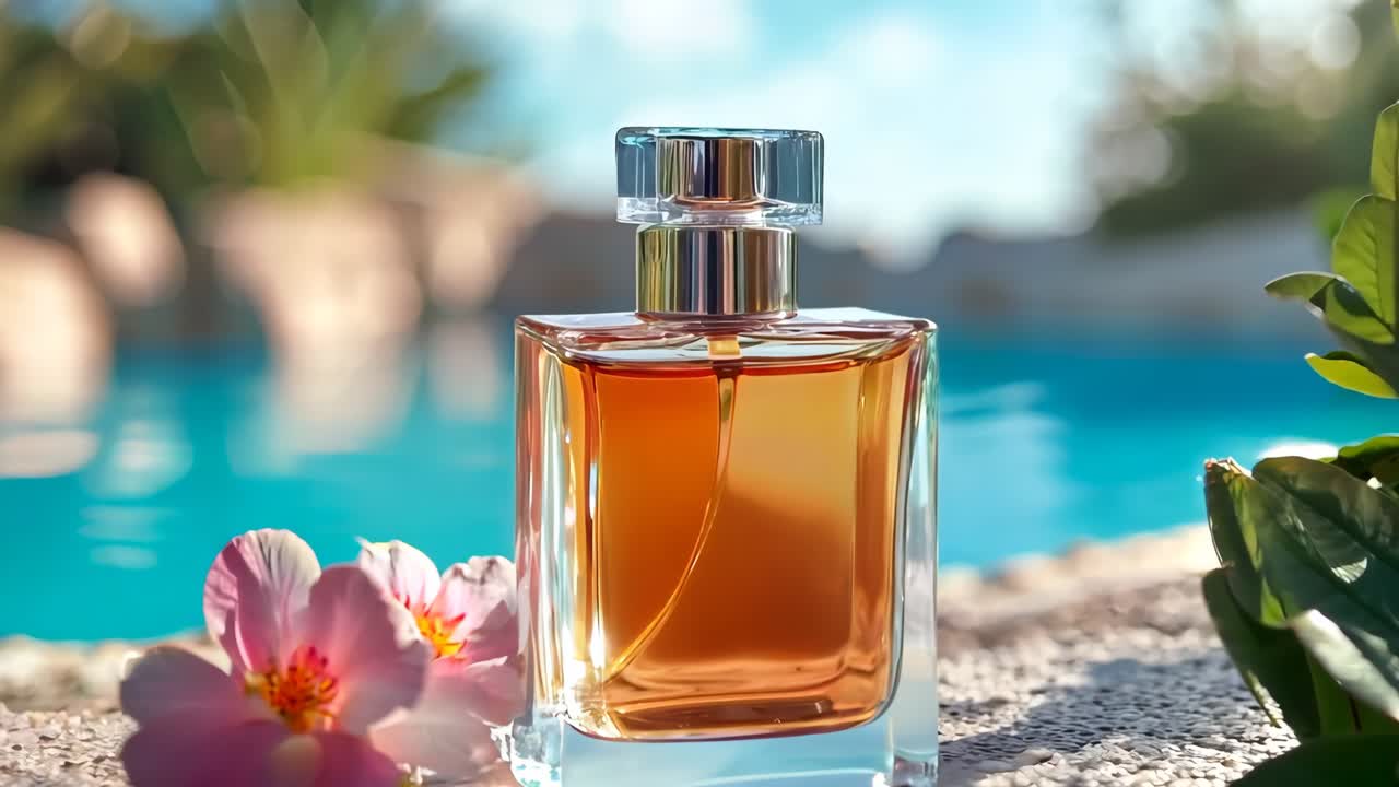 Una bottiglia di profumo posizionata accanto a una piscina.