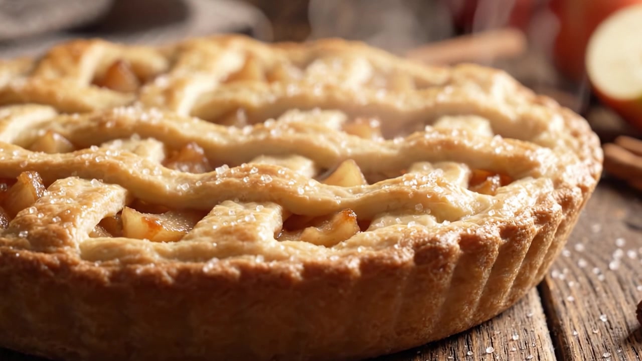 Squisita torta di mele al forno con una crosta dorata e cannella, che mette in mostra l'aroma irresistibile e il calore dei dolci fatti in casa.