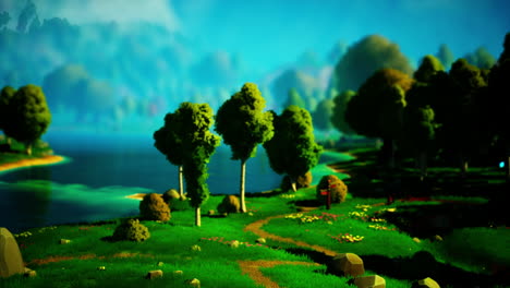 cartoon landscape with hills and forest