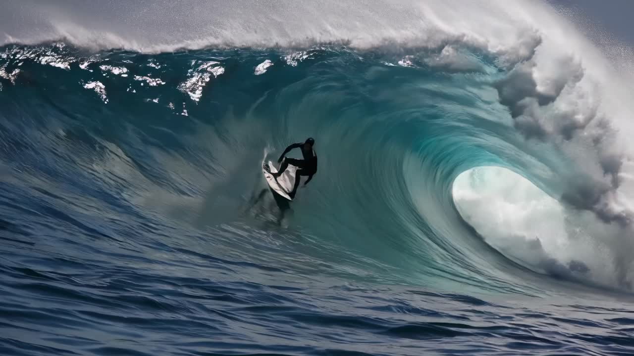 un montaje épico de surf que muestra a un experto surfista cabalgando con gracia las poderosas olas del océano, realizando impresionantes maniobras en varias condiciones de olas.