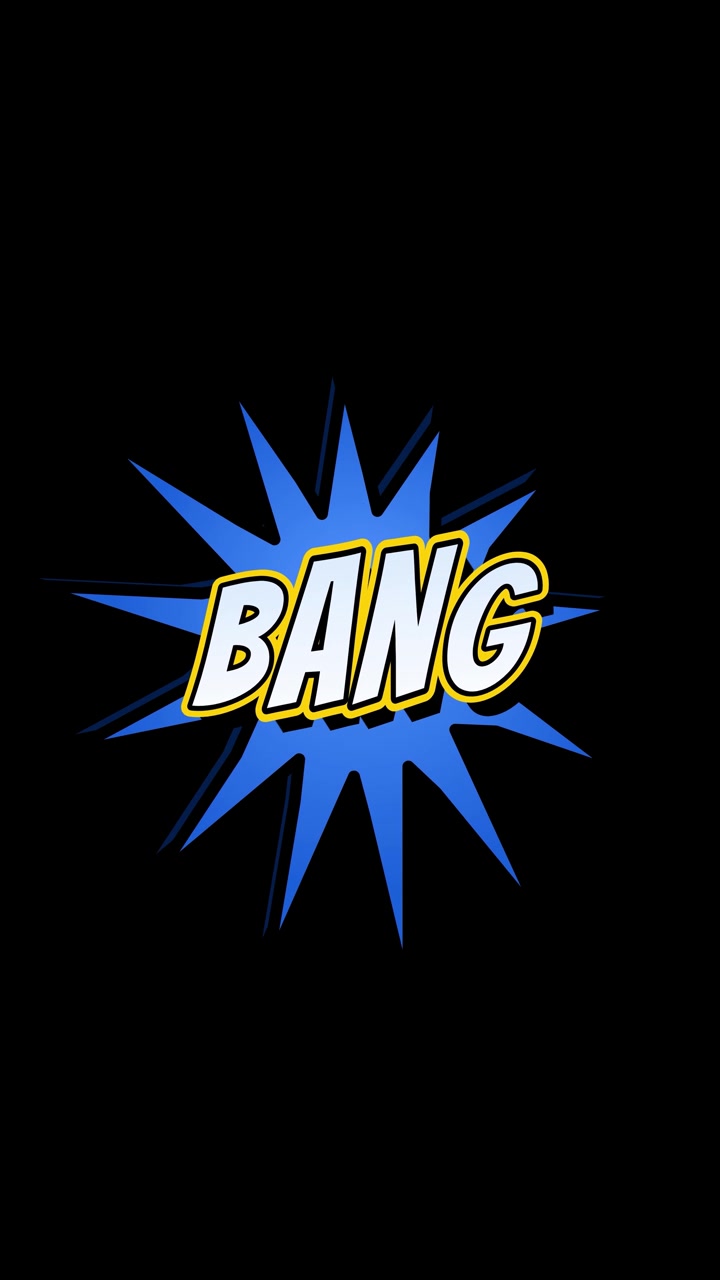 Teks "Bang" gaya buku komik vertikal melayang di latar belakang hitam, onomatopoeia pop art, putaran tanpa batas.