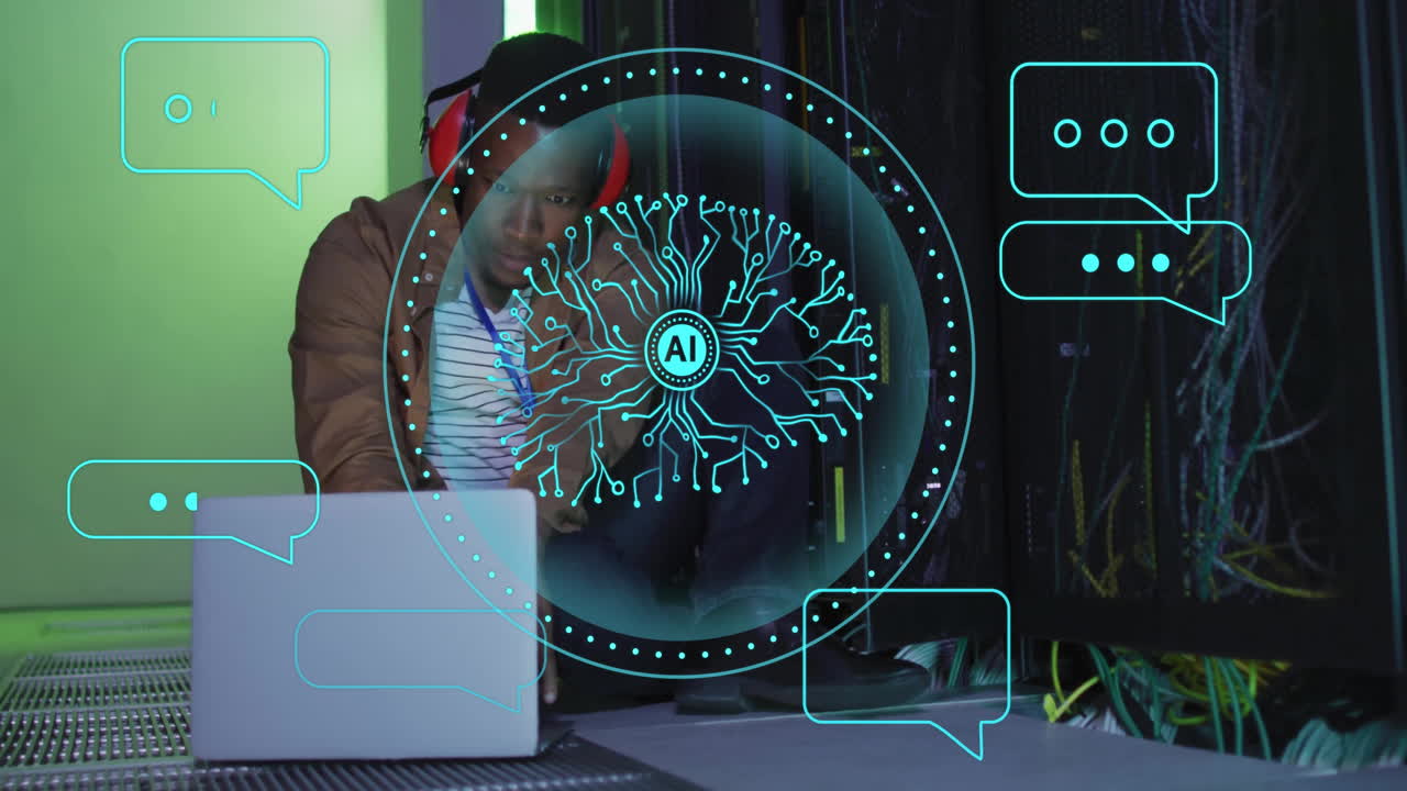 animación del cerebro humano ai procesamiento de datos sobre hombre afroamericano usando computadoras portátiles
