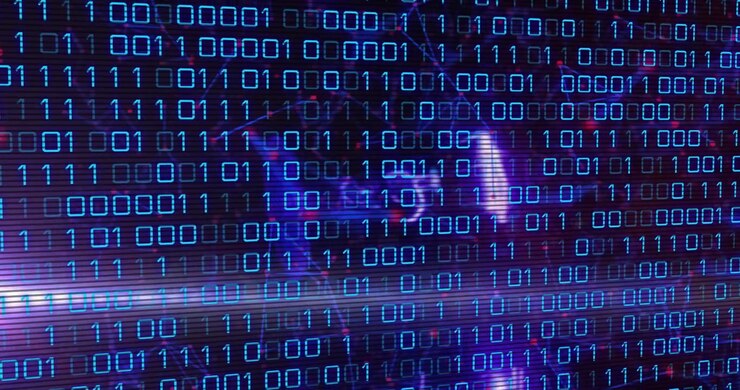 Digital Binary Code Streaming on Dark Background