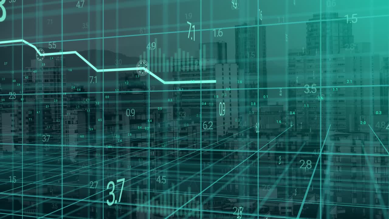 animación de gráficos azules y procesamiento de datos en cuadrícula 3d sobre edificios en el paisaje urbano moderno