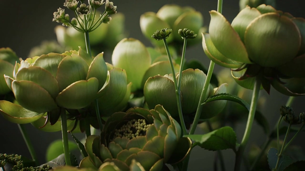 Kamera trækker sig tilbage og afslører grønne flerbladede blomster, der svajer i et studie, viser knopper.