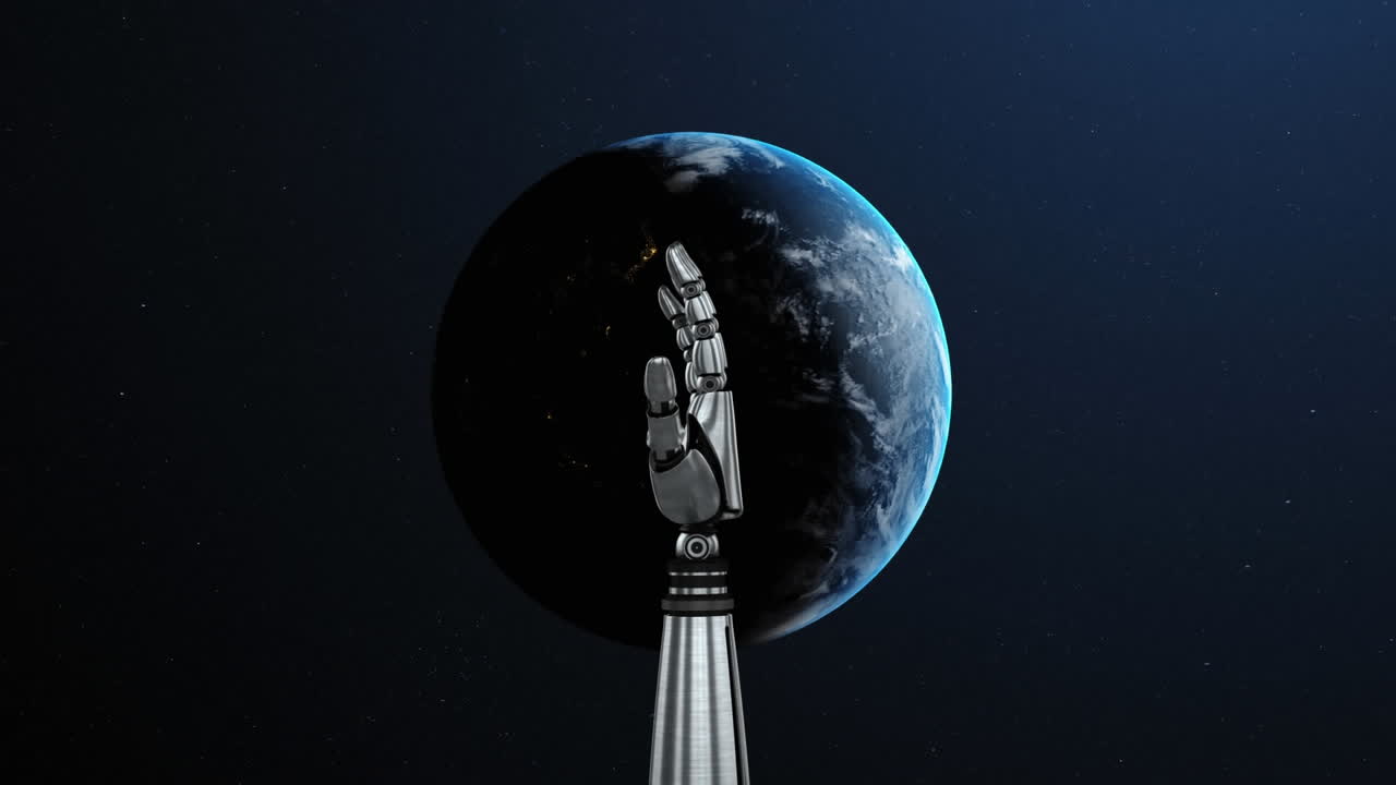 Animation of globe with robot's arm and networks of connections