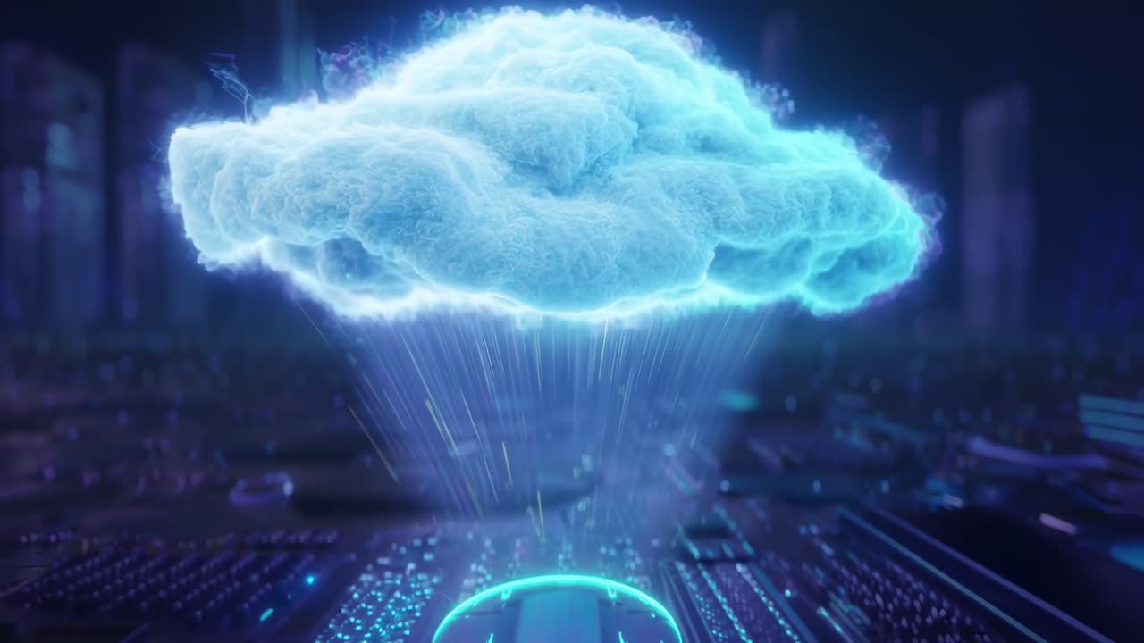 Futuristic video concept of a glowing cloud over a circuit board, low-angle view