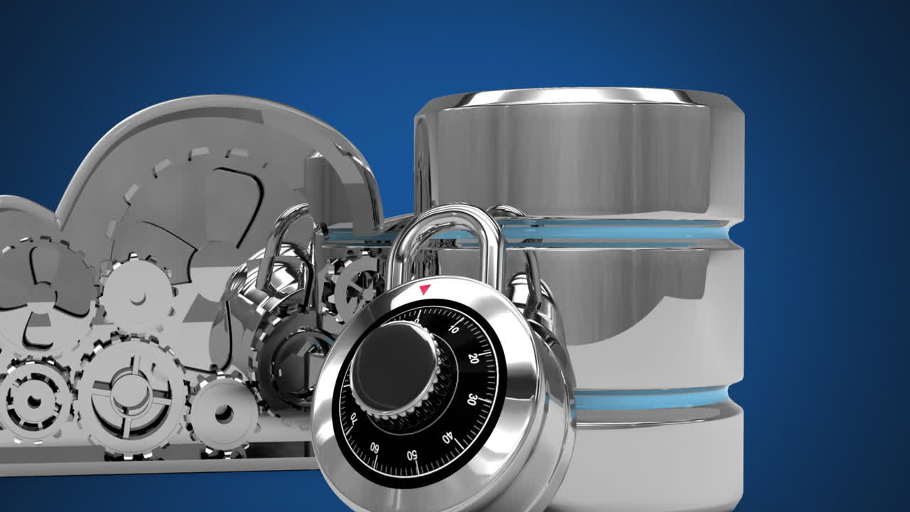 Animation of padlock, silver cogs and server over blue background