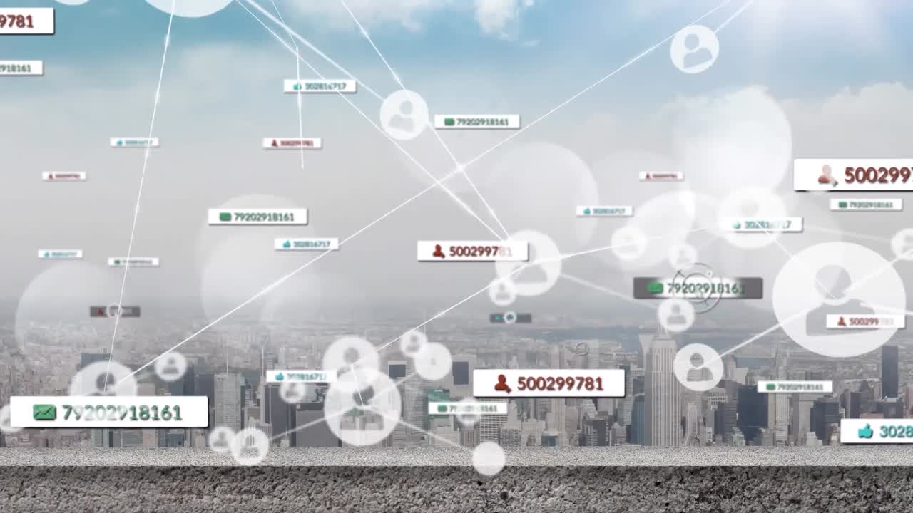 도시 풍경 위에 떨어지는 소셜 미디어 아이콘의 애니메이션