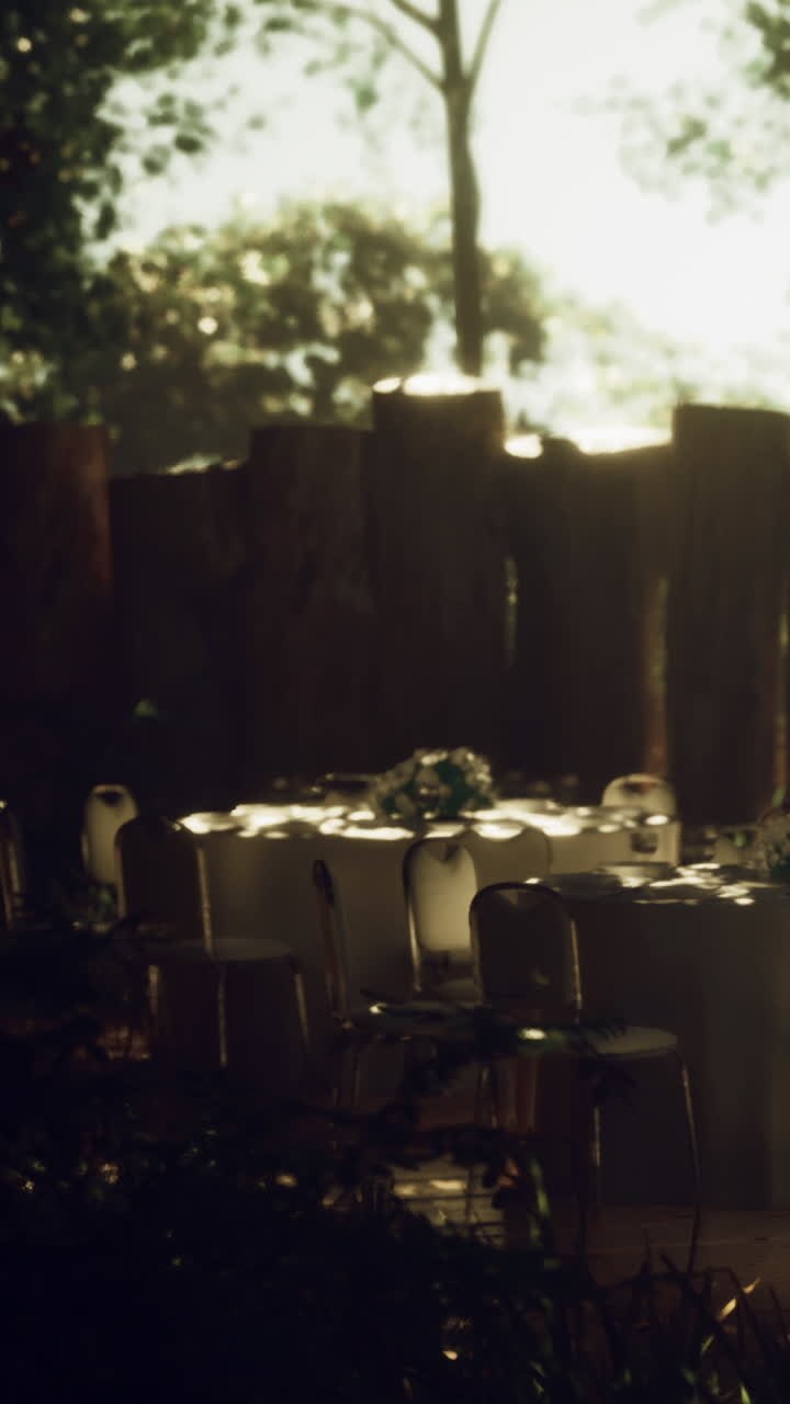 Tables set for a gathering in an outdoor area during evening time