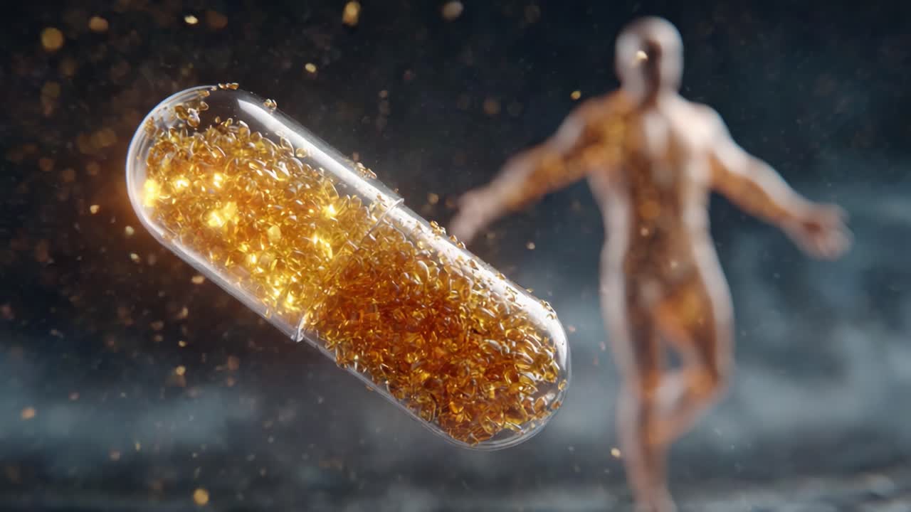 A captivating representation of the dynamic interplay between health and vitality, showcasing a glowing capsule filled with vibrant essence against an ethereal background