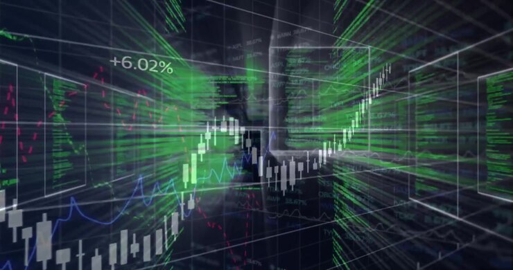 White candlestick chart trending upward 3D render, layering blue red line graphs, green code lines