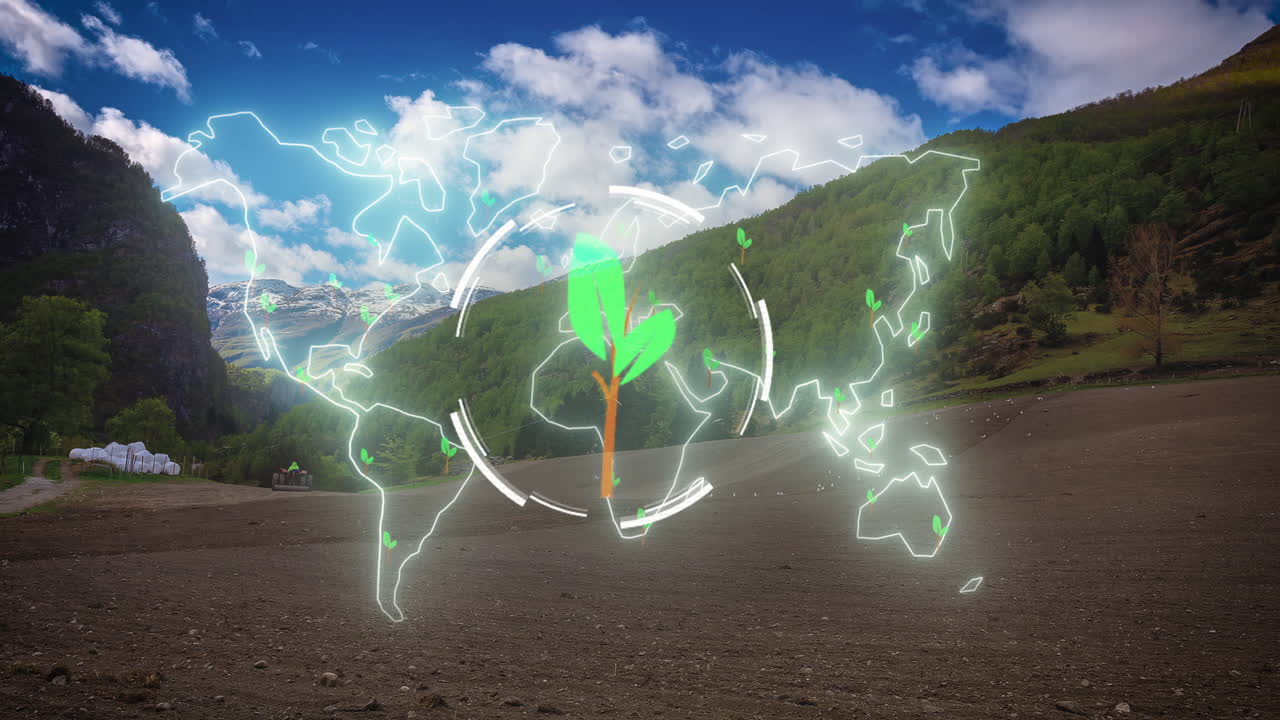 애니메이션 잎 아이콘과 세계 지도와 재배 트랙터 타임 스 배경