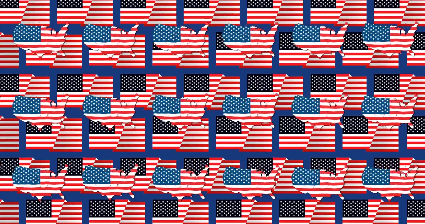 Animation of usa coloured with american flag over american flags