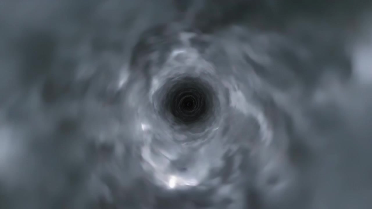 Bevægende udsigt, der bevæger sig mod en central mørk hvirvel gennem grå røgringe og tilføjer subtile højdepunkter.