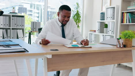 Busy,-writing-and-happy-black-man-in-office