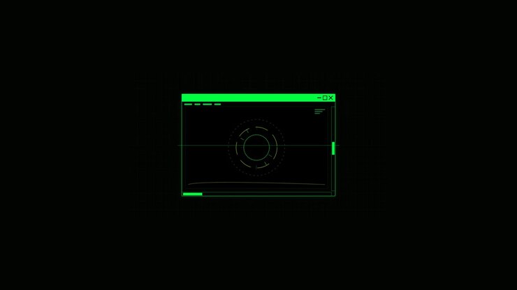 Futuristic Digital Interface Window with Rotating Circular HUD Elements