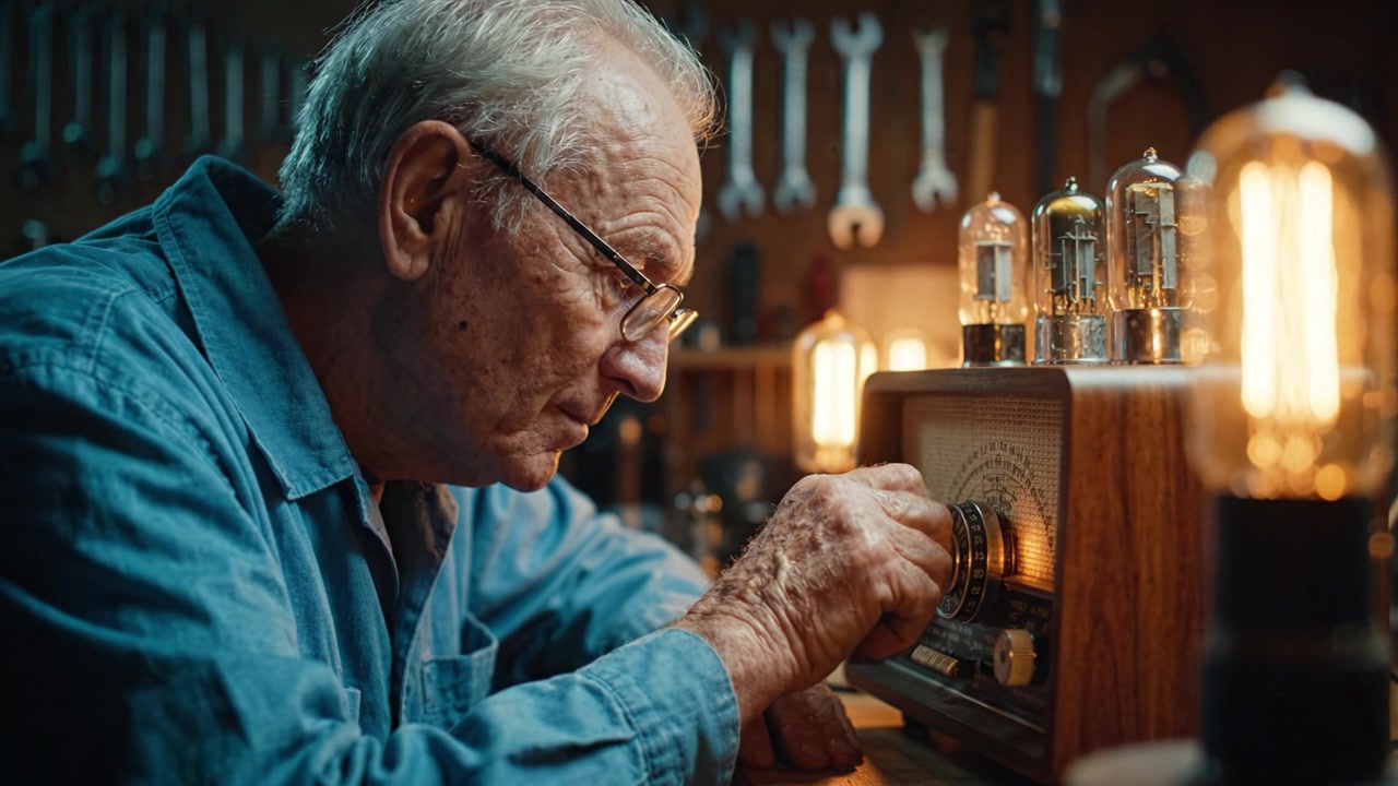 Un uomo anziano regola attentamente la manopola di sintonia su una radio vintage, evidenziando l'artigianalità e la nostalgia della tecnologia classica in un'officina illuminata calorosamente