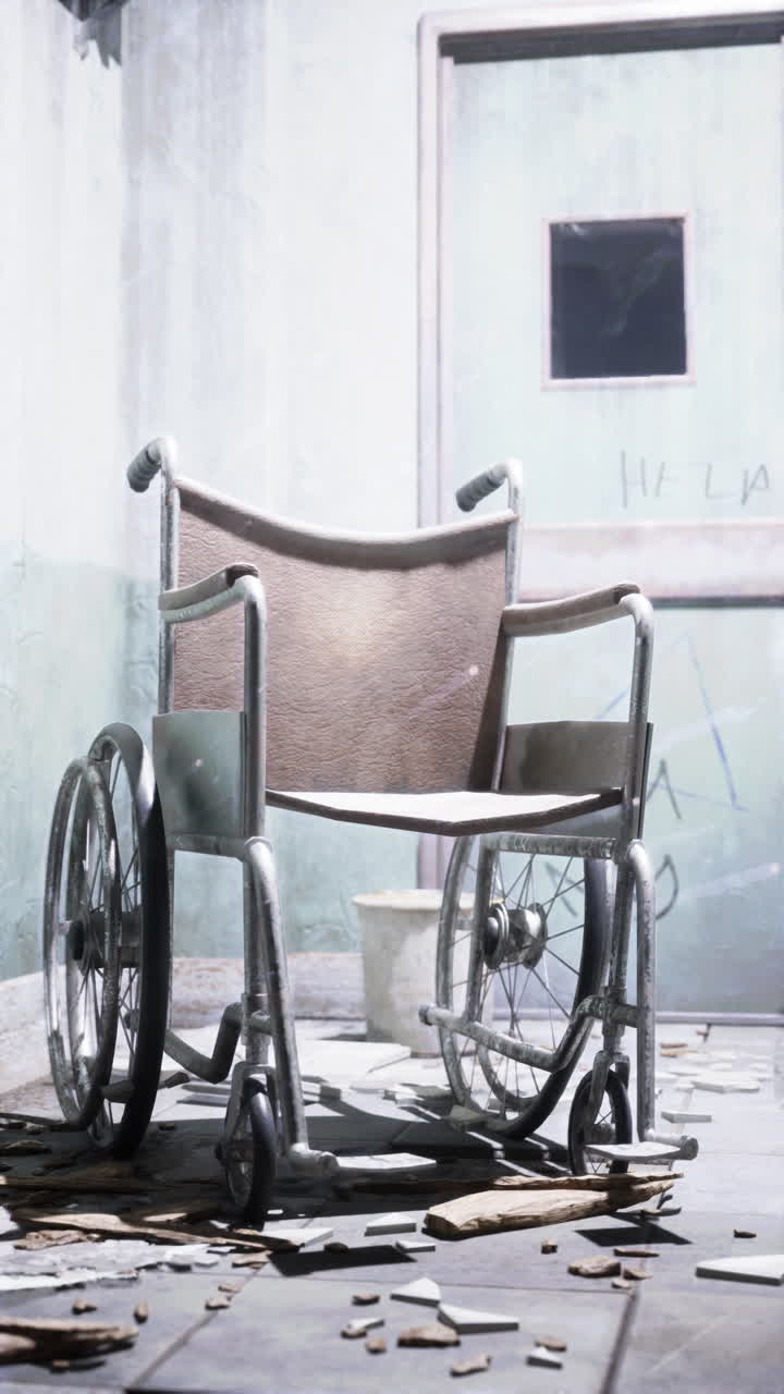 Stanza d'ospedale abbandonata con una sedia a rotelle rotta