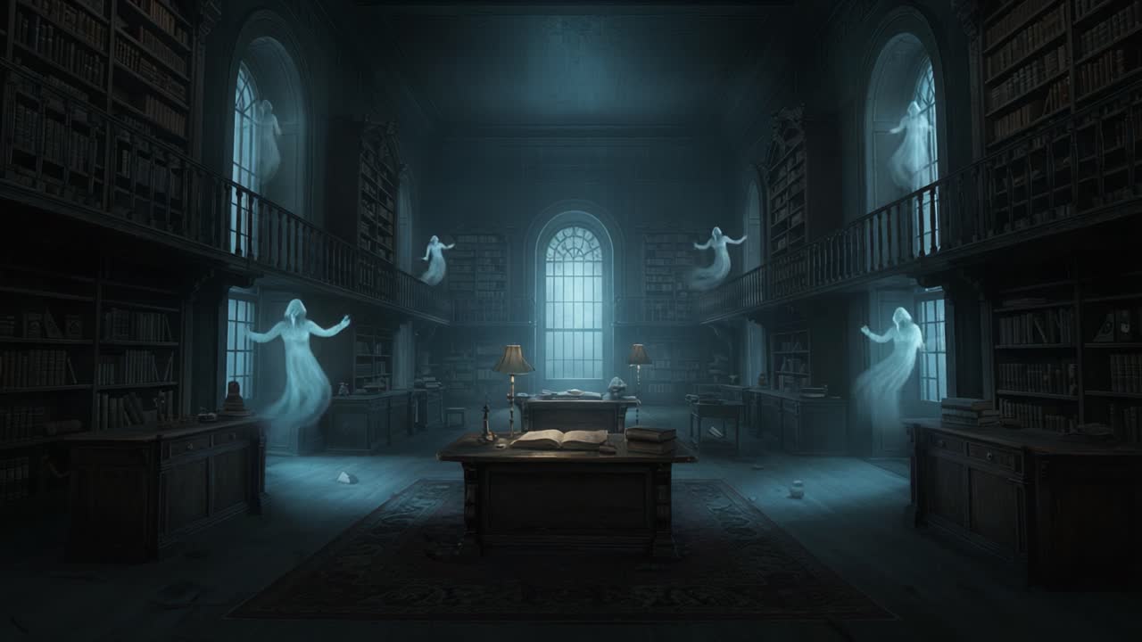 Eerie Library Encounter: Ghostly Apparitions Haunt the Shadows of a Forgotten Library Filled with Dusty Tomes and Mysterious Silence