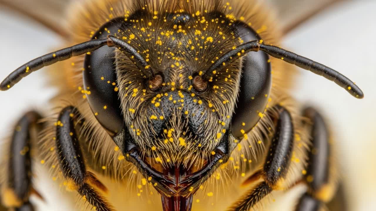 Close-Up of a Honeybee Showcasing Detailed Features and Pollen Accumulation on Its Head, Emphasizing the Importance of Pollinators in Ecosystems