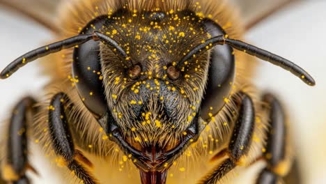 close-up of a honeybee showcasing detailed features and pollen accumulation on its head, emphasizing the importance of pollinators in ecosystems