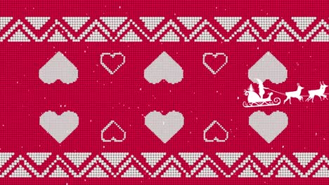animación de santa claus en trineo con renos sobre corazones sobre fondo rojo