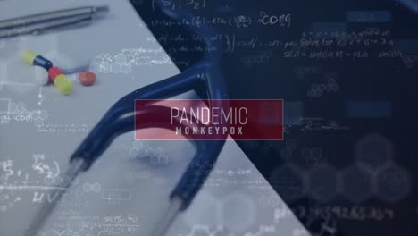 Animation-of-monkey-pox-pandemic-over-stethoscope-and-notebook