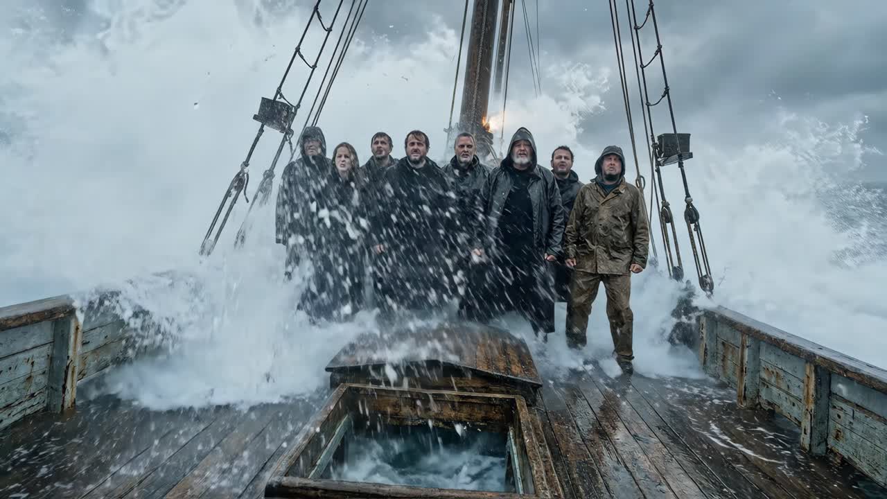 Gruppe von Seeleuten auf einem Boot, die einen dramatischen Ozeansturm mit Blitzen überstehen