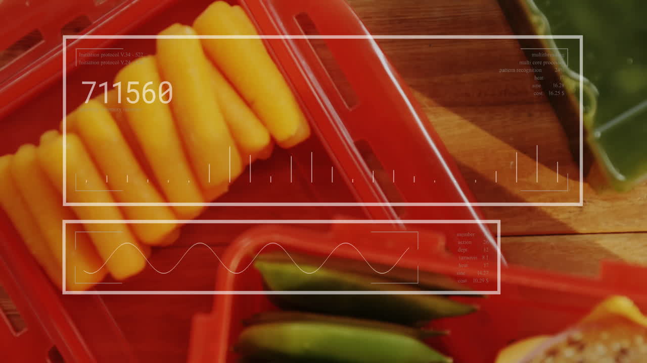 Yellow and green vegetables in red containers with data processing animation overlay