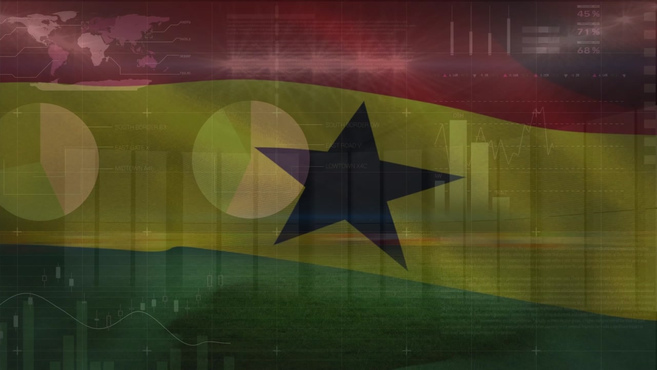 Animation of financial data and graphs over waving flag of ghana