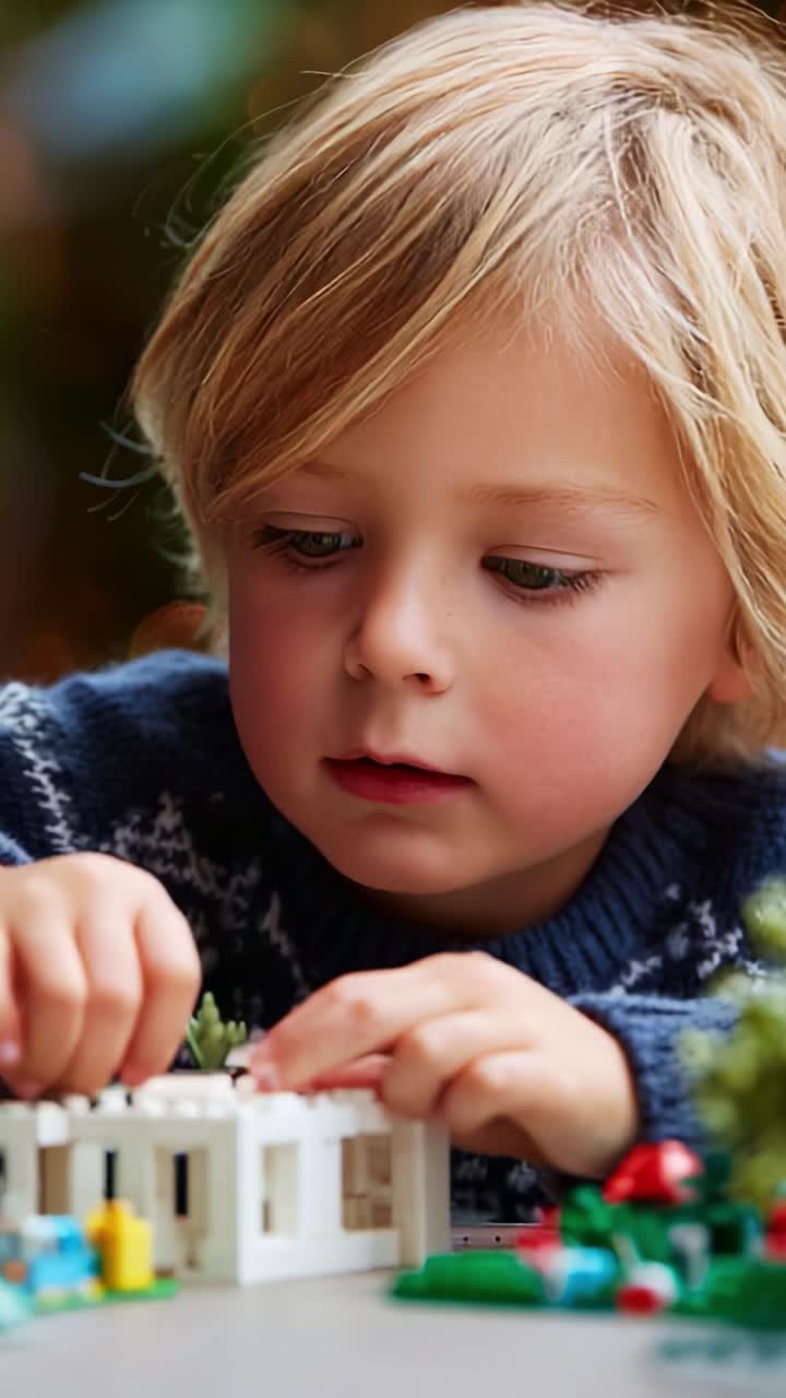Young Child Engaged in Creative Playtime with Colorful Building Blocks, Focusing on Constructing a Miniature Home Surrounded by Trees and Playful Elements on a Table