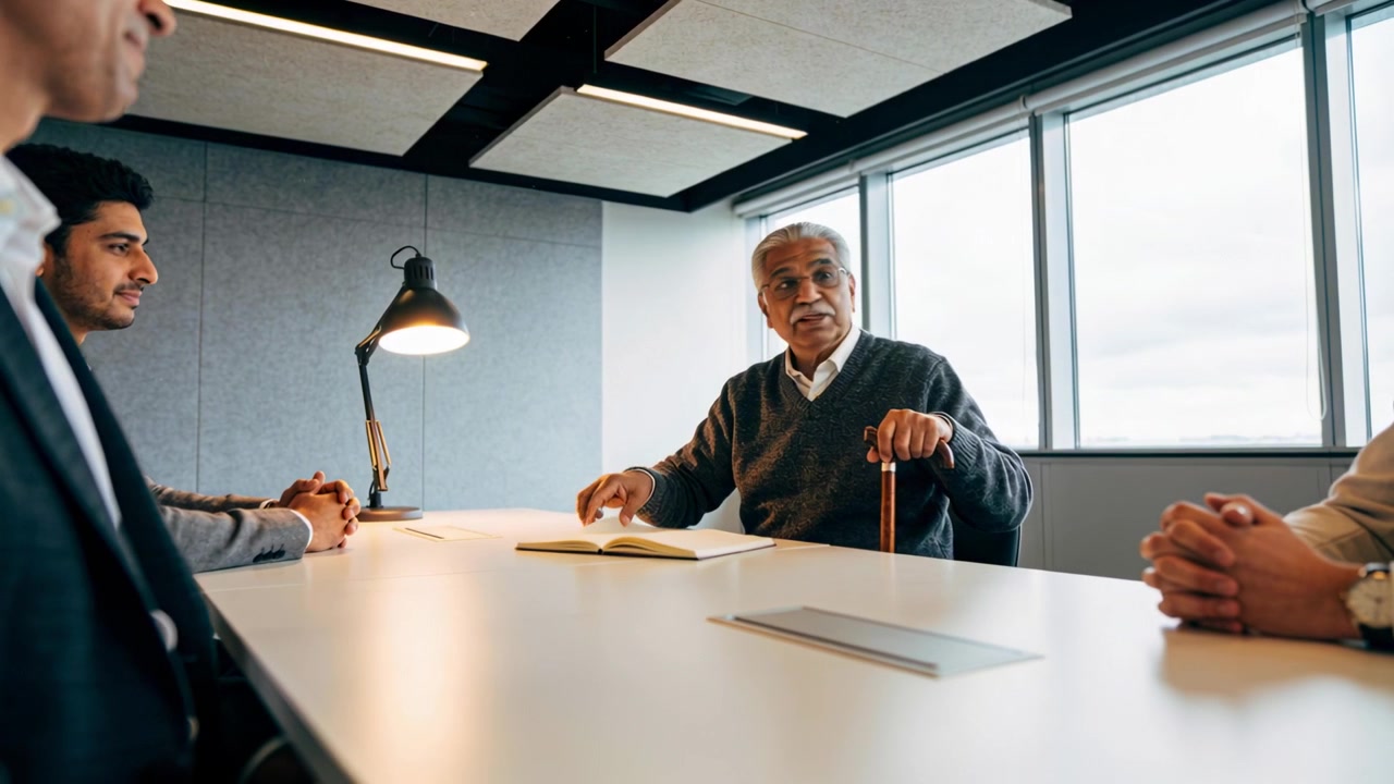 Turning page senior exec in dark sweater presenting notebook to lead meeting in boardroom