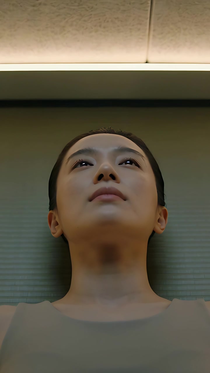 Video verticale: Luce del soffitto che illumina una donna in canottiera che solleva il mento, seguendo le piastrelle in una piccola stanza