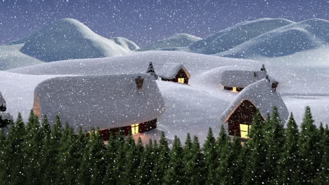 animation of snow covered houses and snow falling in winter scenery