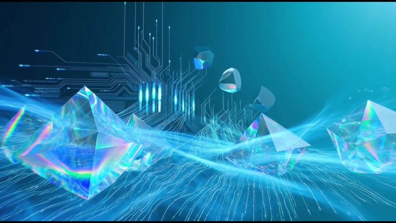 Abstract Digital Background with Floating Geometric Crystals and Circuitry