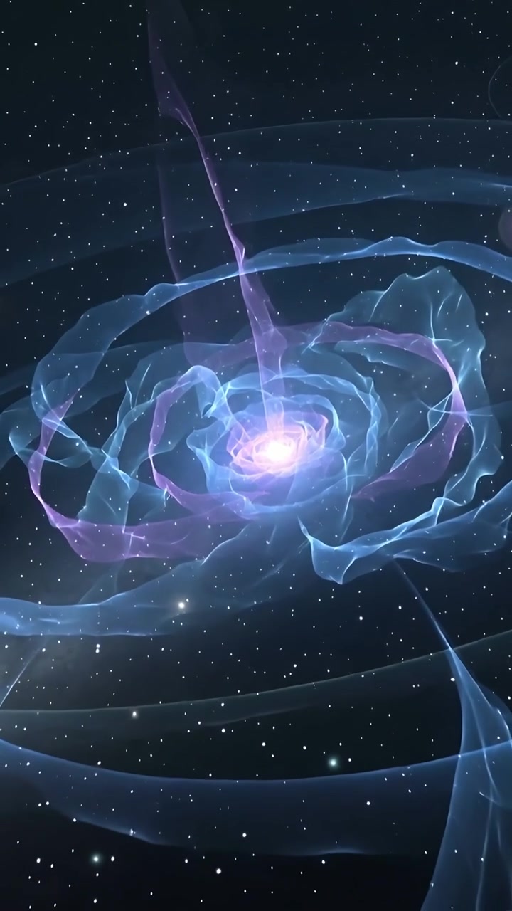 Video verticale: Nucleo a spirale pulsante che ruota, getto che si innalza, la visuale si allontana mostrando anelli nello spazio.