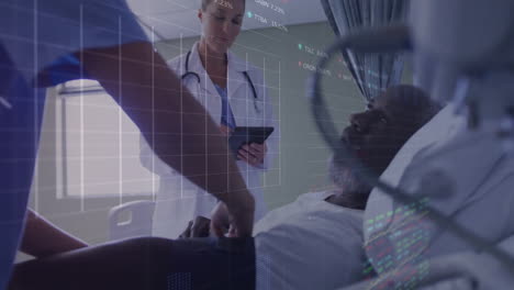 male patient lying on bed, nurse leaning over, doctor holding tablet, medical charts floating