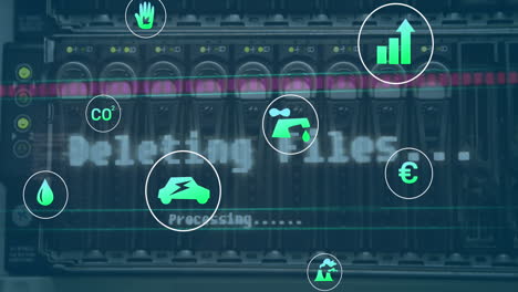 animación del icono en círculos sobre el panel posterior del sistema de servidor de datos en la sala de servidores